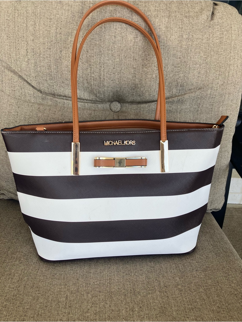 Michael Kors Brown and White Striped Tote with Tan Handles